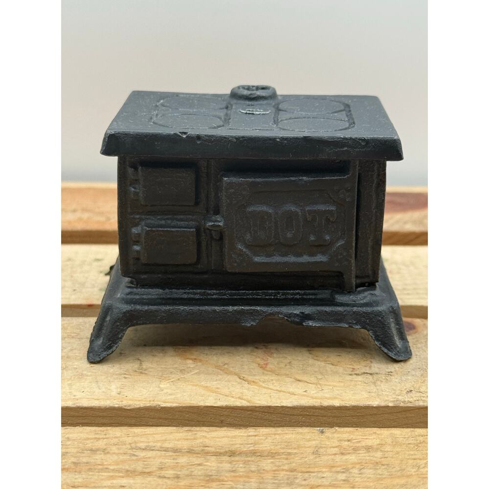 Vintage "DOT" Cast Iron Miniature Stove Bank - 2.5” Tall